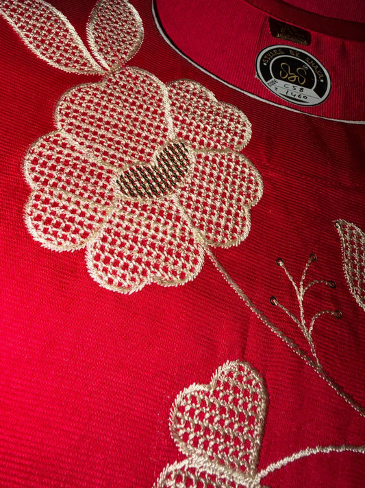 Crimson Red Radiance: Gadwal Cotton Hand Work Cord Set