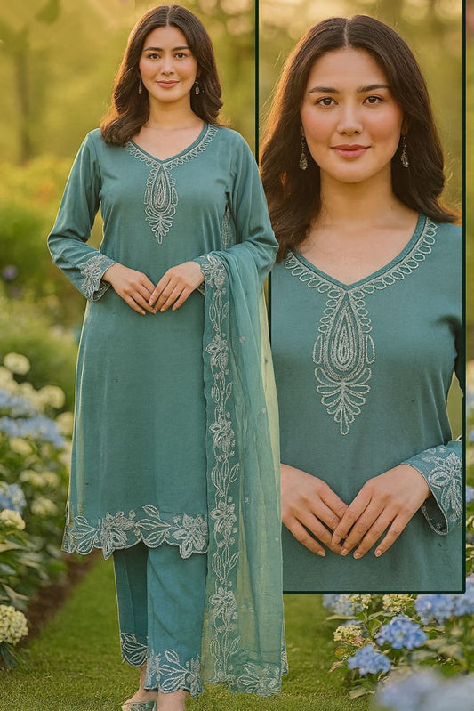 Deep Sage Sophistication: 3-Piece Vertican Shiny Cotton Set