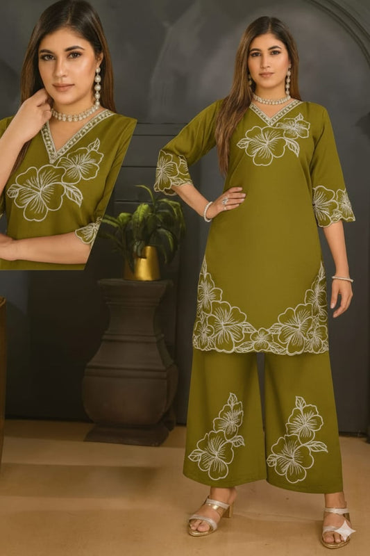 Vibrant Hand Work Cord Set (Mustard Yellow & Rani Pink)