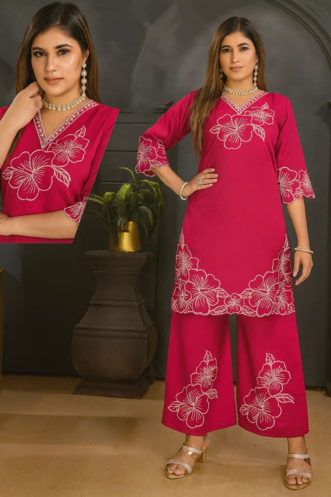 Vibrant Hand Work Cord Set (Mustard Yellow & Rani Pink)