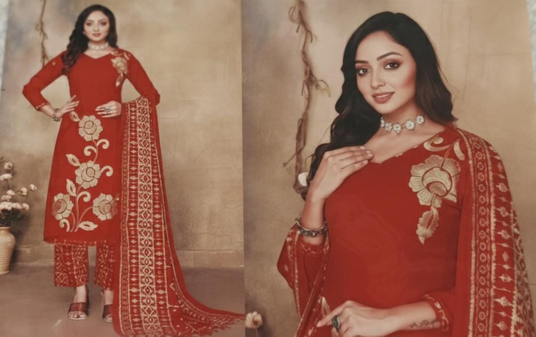 Elegant Thread Work Suit: Rayon Cotton with Printed Dupatta