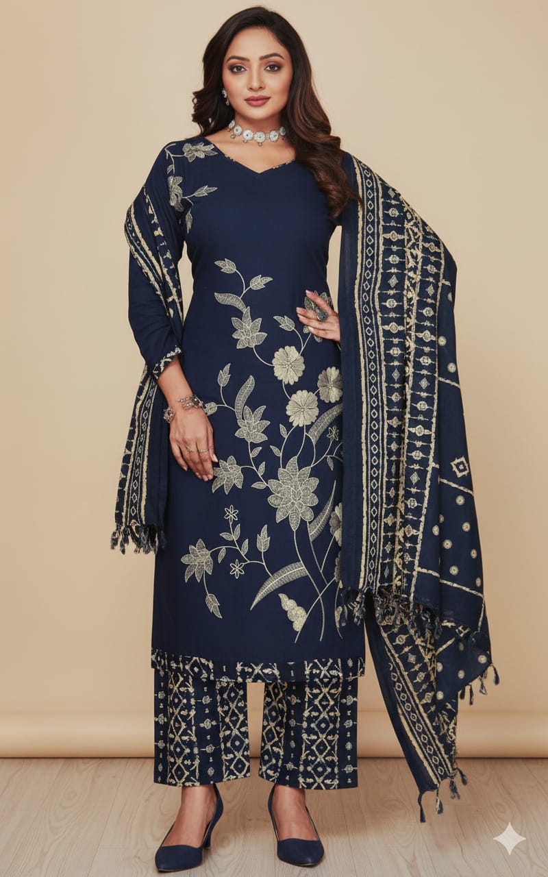 Elegant Thread Work Suit: Rayon Cotton with Printed Dupatta